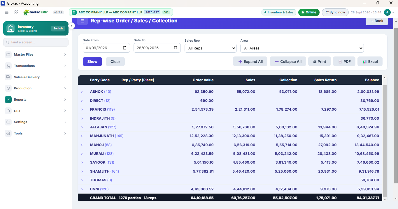 GroFac ERP — Rep-wise Sales & Collection Report